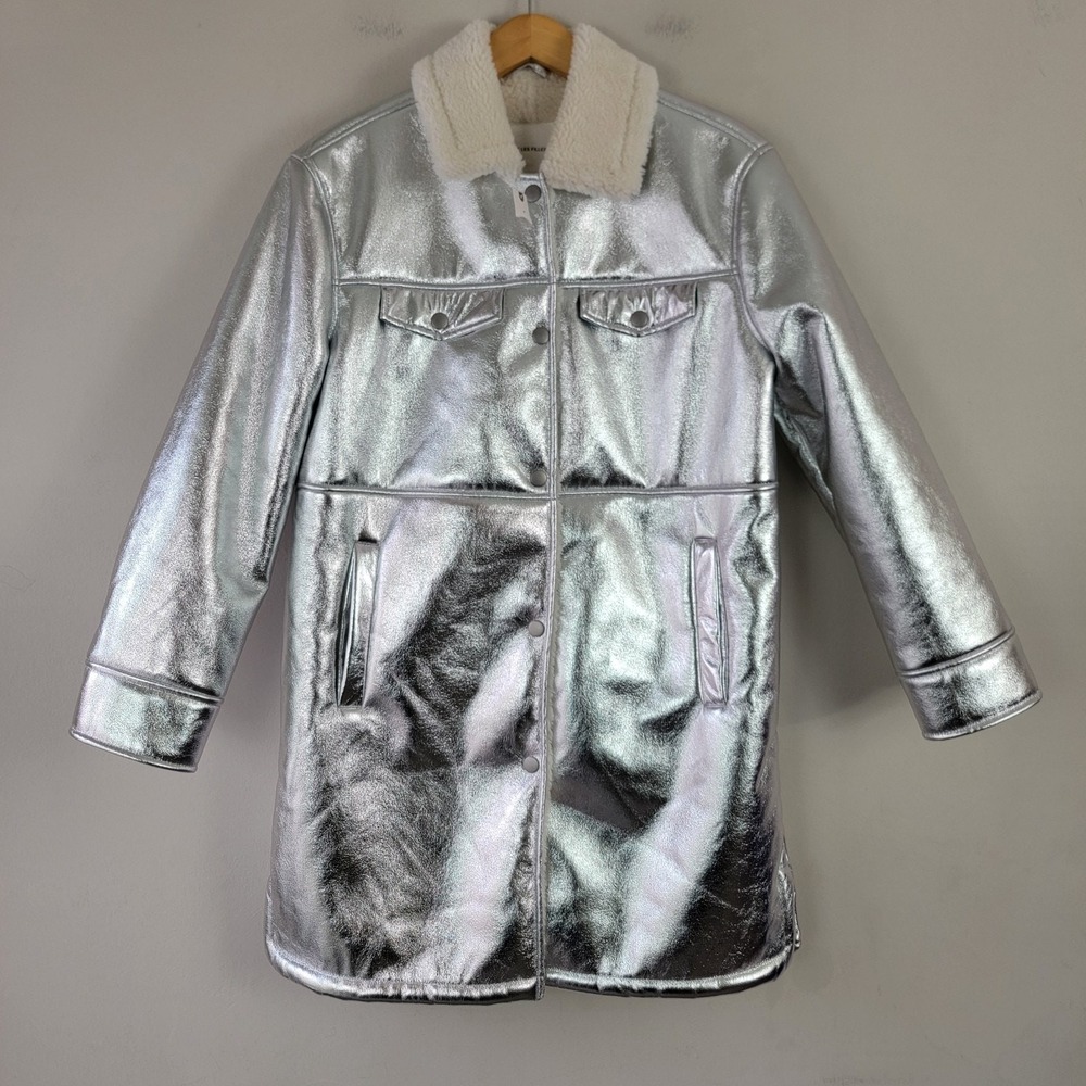 Avec Les Filles Anthropologie Sherpa Collar Metallic Long Coat Women's‎ S Snap